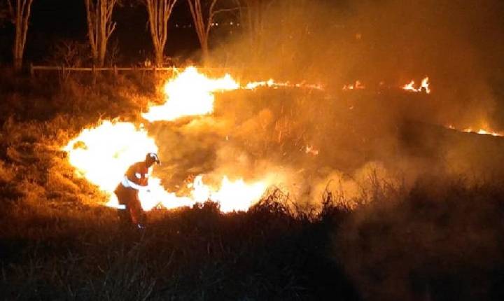 Bombeiros passam parte da madrugada combatendo incêndio em área verde em Alfenas/MG.