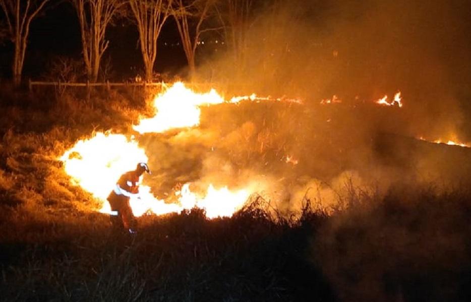 Bombeiros passam parte da madrugada combatendo incêndio em área verde em Alfenas/MG.