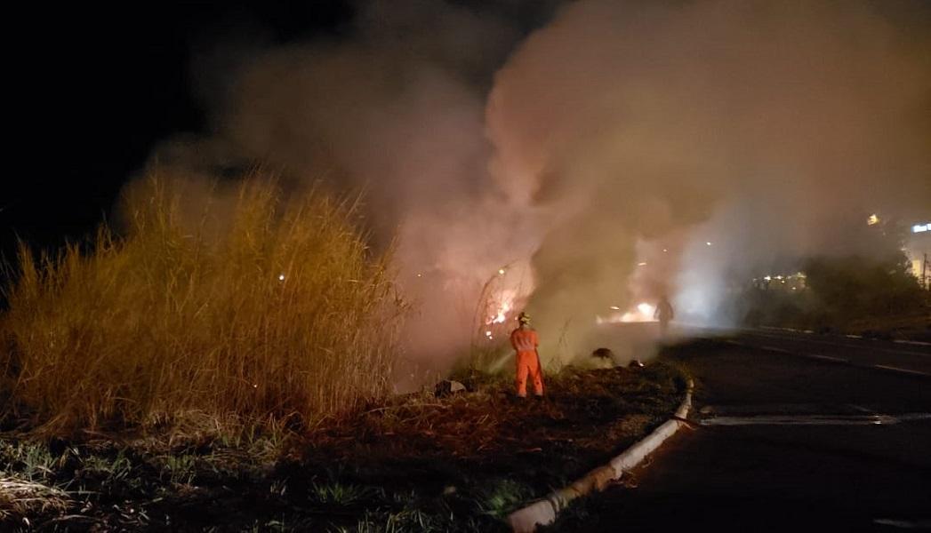 Incêndio é registrado às margens da rodovia em Alfenas-MG.